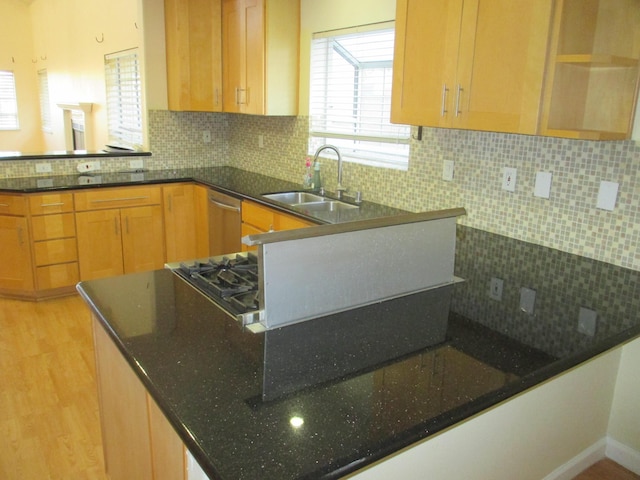 kitchen featuring a sink, tasteful backsplash, a peninsula, stainless steel dishwasher, and light wood-style floors
