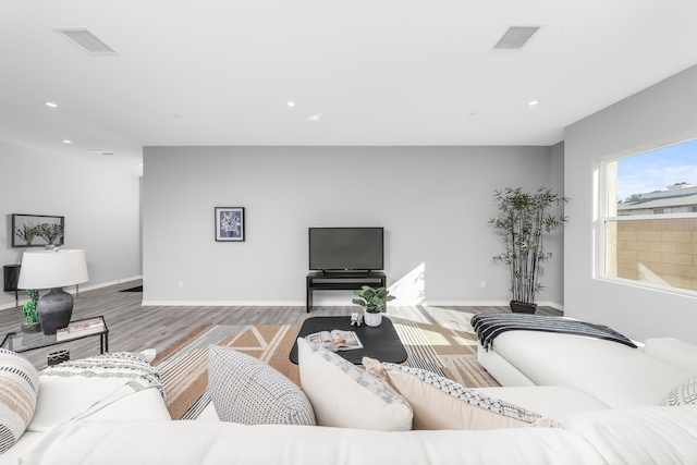 living room with light hardwood / wood-style flooring