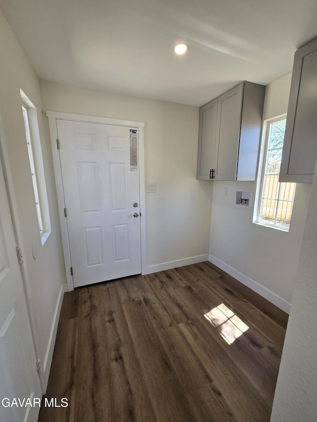 4102 Pearblossom Hwy, Palmdale, CA 93552 - washroom featuring cabinet space, hookup for a washing machine, dark wood-style floors, and recessed lighting