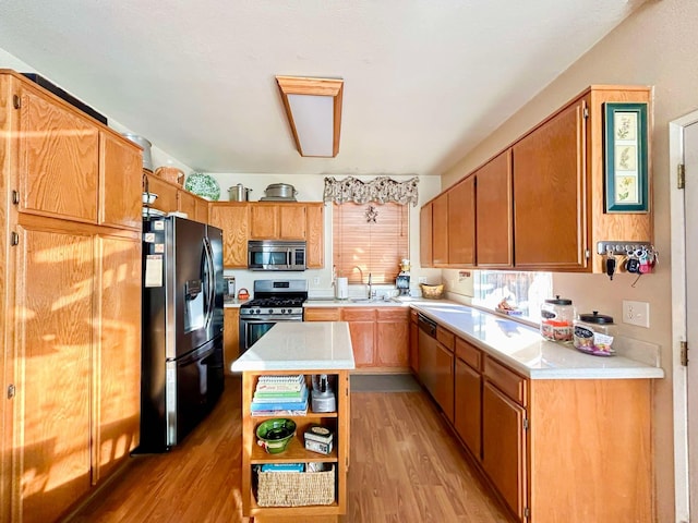 kitchen featuring light wood-type flooring, appliances with stainless steel finishes, a center island, and sink