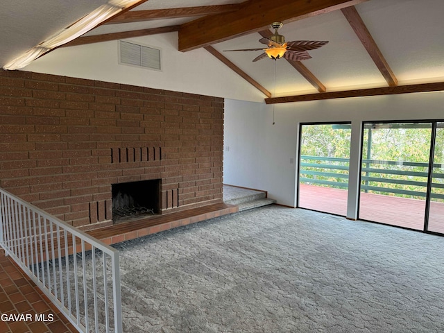 28714 Cruthers Creek Rd, Pearblossom, CA 93553 - unfurnished living room featuring a ceiling fan, a fireplace, and carpet flooring