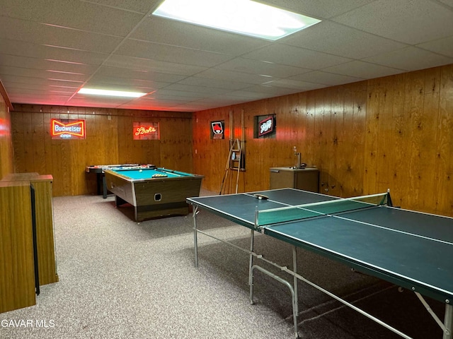 28714 Cruthers Creek Rd, Pearblossom, CA 93553 - game room featuring pool table, a paneled ceiling, carpet floors, and wood walls