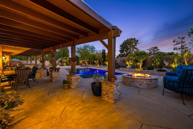 436 Fairway Dr, Palmdale, CA 93551 - view of patio / terrace with an outdoor pool, a fenced backyard, and an outdoor living space with a fire pit