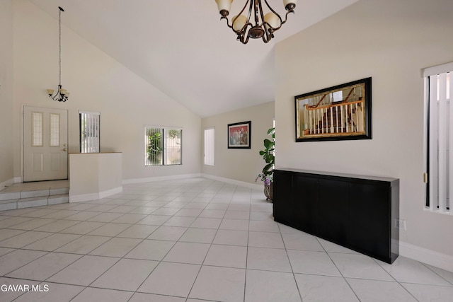 38100 San Mateo Ave, Palmdale, CA 93551 - unfurnished living room with a chandelier, high vaulted ceiling, and light tile patterned floors