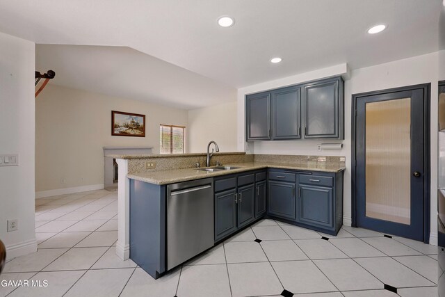 38100 San Mateo Ave, Palmdale, CA 93551 - kitchen with dishwasher, a peninsula, recessed lighting, light tile patterned floors, and light stone counters