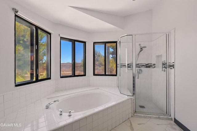38100 San Mateo Ave, Palmdale, CA 93551 - bathroom featuring a garden tub, a shower stall, plenty of natural light, and marble finish flooring