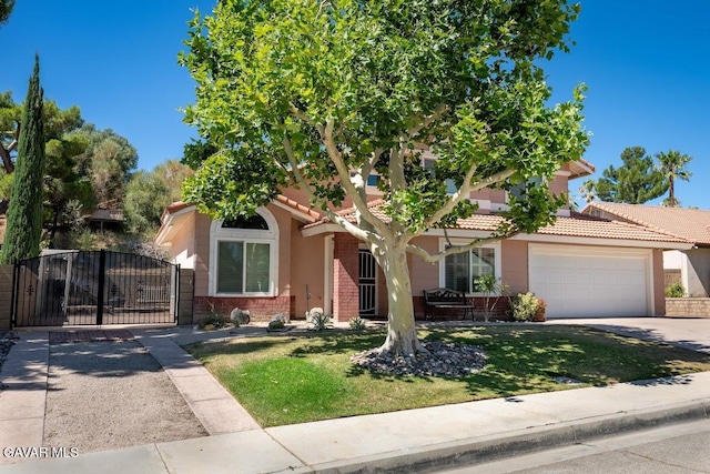 4722 Sungate Dr, Palmdale, CA 93551 - view of front of property featuring brick siding, an attached garage, a front yard, concrete driveway, and a tiled roof