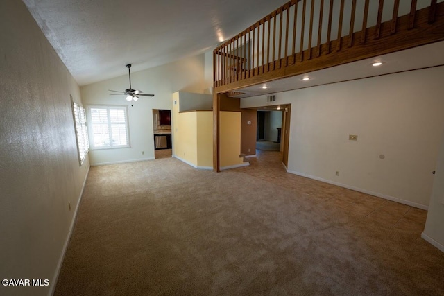 4722 Sungate Dr, Palmdale, CA 93551 - unfurnished living room with a ceiling fan, high vaulted ceiling, and light carpet