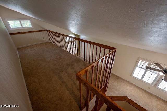 4722 Sungate Dr, Palmdale, CA 93551 - stairs with carpet, lofted ceiling, healthy amount of natural light, a textured ceiling, and ceiling fan