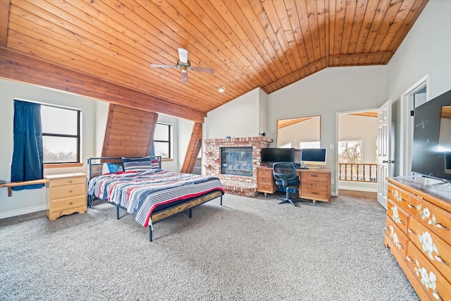 carpeted bedroom featuring multiple windows, high vaulted ceiling, and wood ceiling