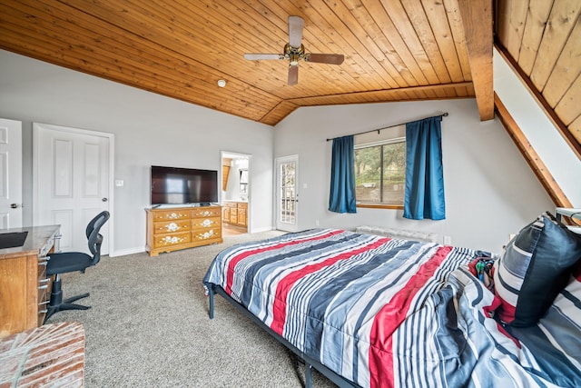 carpeted bedroom featuring vaulted ceiling, wooden ceiling, and ceiling fan