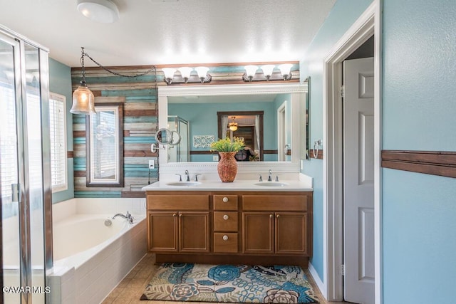 3455 Pine Mist Ct, Rosamond, CA 93560 - bathroom featuring double vanity, a bath, and a shower with shower door