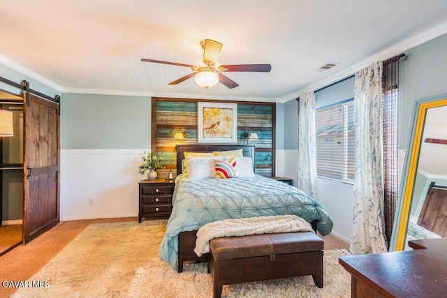 3455 Pine Mist Ct, Rosamond, CA 93560 - carpeted bedroom with ornamental molding, a barn door, and a ceiling fan