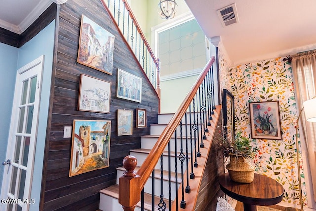 3455 Pine Mist Ct, Rosamond, CA 93560 - stairway featuring wallpapered walls and ornamental molding