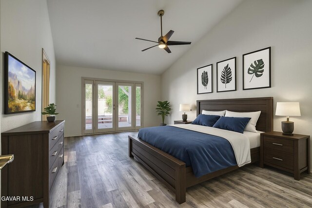 43737 W 27th St, Lancaster, CA 93536 - bedroom featuring access to outside, high vaulted ceiling, wood finished floors, a ceiling fan, and french doors