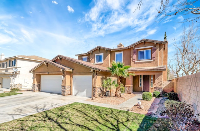 view of front of property with stone siding, fence, concrete driveway, and stucco siding