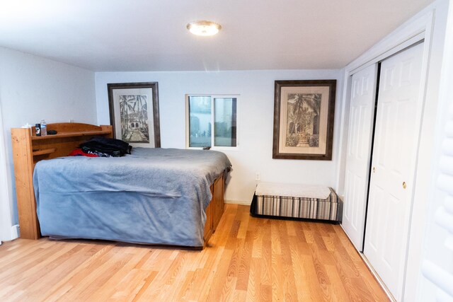 bedroom with light hardwood / wood-style floors and a closet