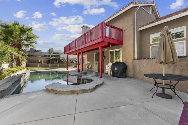 42164 Valley Vista Dr, Lancaster, CA 93536 - view of pool with a wooden deck, fence, a patio, and a pool with connected hot tub