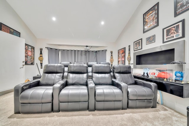 home theater room with carpet, high vaulted ceiling, and recessed lighting