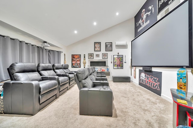 home theater featuring high vaulted ceiling, carpet, and recessed lighting