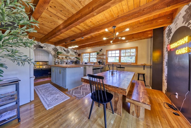 kitchen with beam ceiling, wooden ceiling, blue cabinets, a kitchen island, and light wood-type flooring