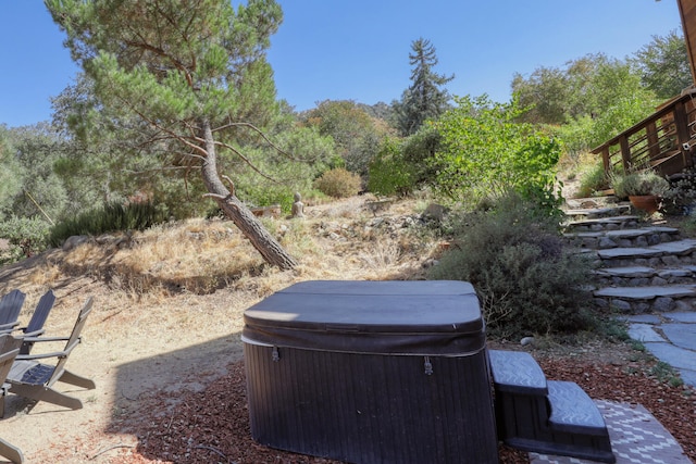 view of yard with a hot tub