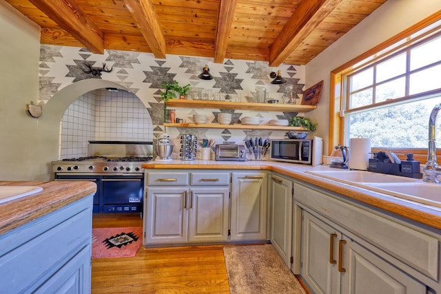 kitchen featuring beam ceiling, wooden ceiling, light hardwood / wood-style floors, and appliances with stainless steel finishes