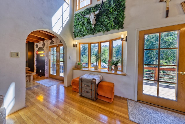 foyer with french doors, light hardwood / wood-style floors, and a wealth of natural light