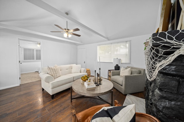 living area with lofted ceiling with beams, baseboards, and dark wood finished floors