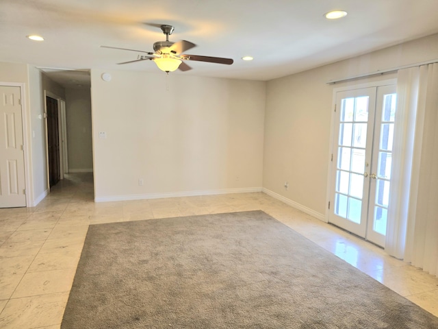 spare room with french doors, recessed lighting, ceiling fan, and light tile patterned floors
