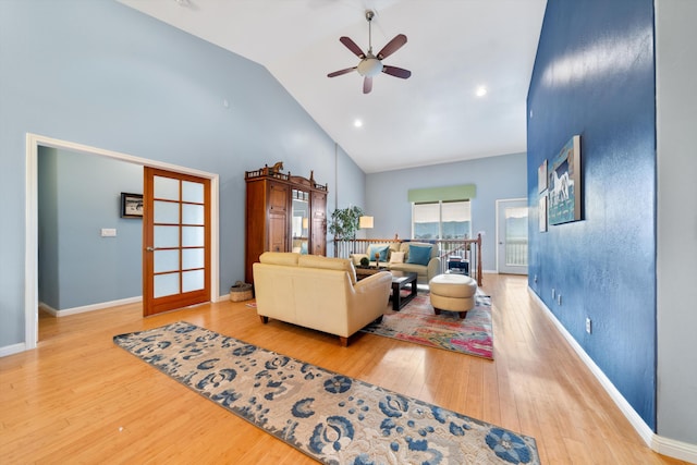 23831 Lakeview Dr, Tehachapi, CA 93561 - living area with hardwood / wood-style floors, ceiling fan, high vaulted ceiling, and baseboards