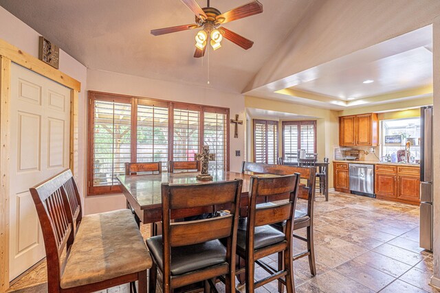 dining room with a tray ceiling and ceiling fan