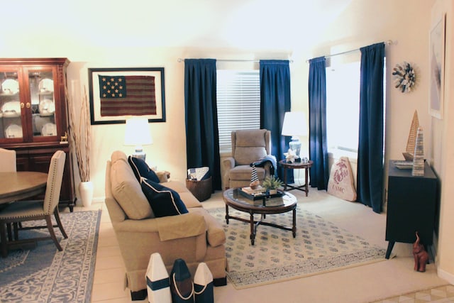 living room featuring light tile patterned flooring