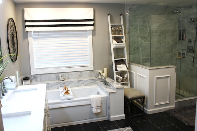 bathroom featuring vanity, tile patterned floors, and independent shower and bath