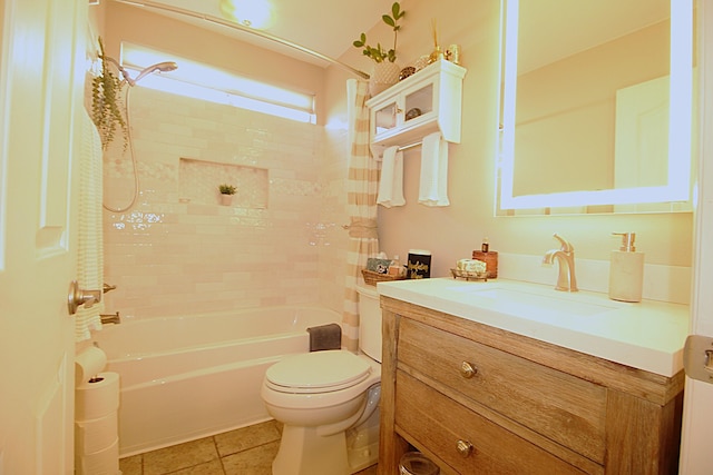 full bathroom with vanity, toilet, shower / bath combo, and tile patterned flooring