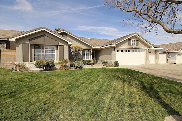 ranch-style house with stucco siding, a front lawn, concrete driveway, and a garage