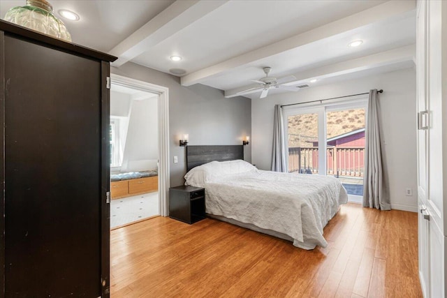 bedroom with beamed ceiling, ceiling fan, access to exterior, and light hardwood / wood-style flooring