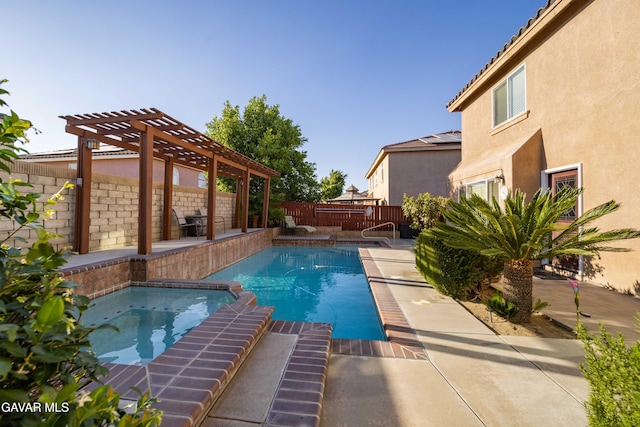 37331 E 57th St, Palmdale, CA 93552 - view of swimming pool featuring a pergola, a fenced backyard, a pool with connected hot tub, and a patio