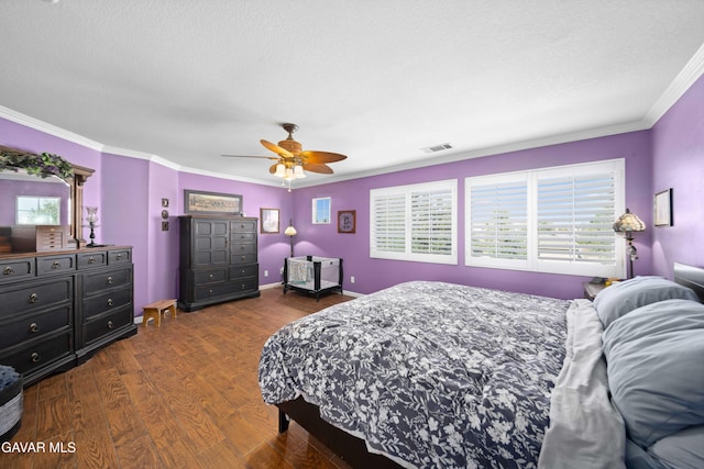 37331 E 57th St, Palmdale, CA 93552 - bedroom featuring ornamental molding, wood finished floors, a textured ceiling, and a ceiling fan