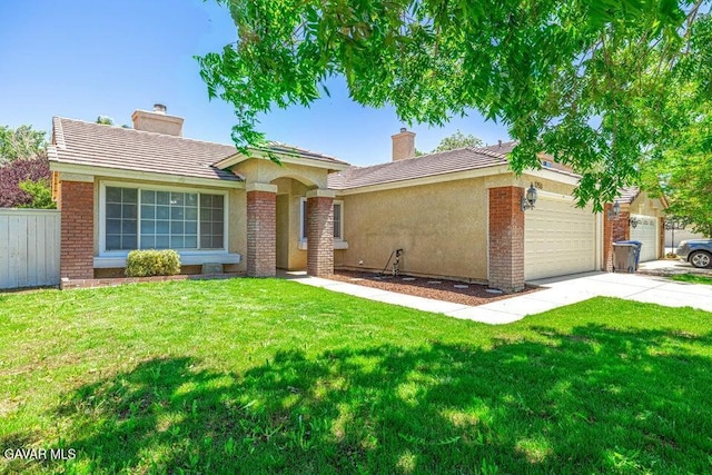1753 Stratford St, Lancaster, CA 93534 - ranch-style house with a chimney, a garage, and a front lawn
