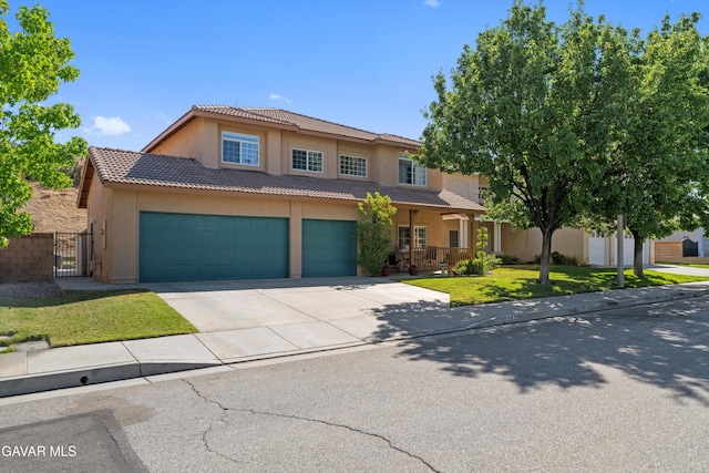 4148 Sungate Dr, Palmdale, CA 93551 - view of front of property with stucco siding, concrete driveway, a gate, covered porch, and a tiled roof