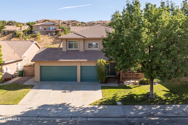 4148 Sungate Dr, Palmdale, CA 93551 - view of front of property featuring stucco siding, a tile roof, concrete driveway, a garage, and a residential view