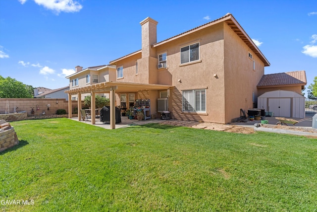 4148 Sungate Dr, Palmdale, CA 93551 - rear view of house with a shed, stucco siding, a patio, and a fenced backyard