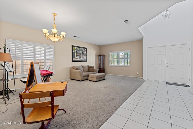4148 Sungate Dr, Palmdale, CA 93551 - carpeted living area featuring a chandelier and tile patterned floors