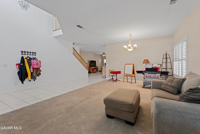 4148 Sungate Dr, Palmdale, CA 93551 - carpeted living room with a chandelier, tile patterned floors, and stairway
