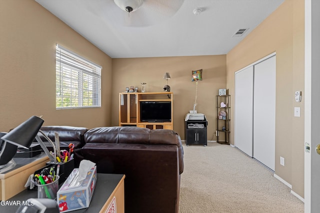4148 Sungate Dr, Palmdale, CA 93551 - living area with carpet flooring and ceiling fan