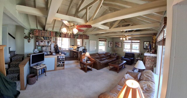 carpeted living room with vaulted ceiling with beams, ceiling fan, and a healthy amount of sunlight