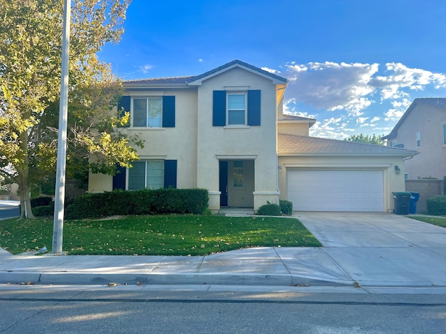 3642 Neola Way, Lancaster, CA 93536 - traditional-style house featuring a garage, stucco siding, a front yard, concrete driveway, and a tiled roof