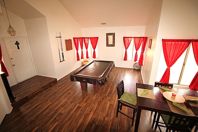 rec room with visible vents, lofted ceiling, and wood finished floors