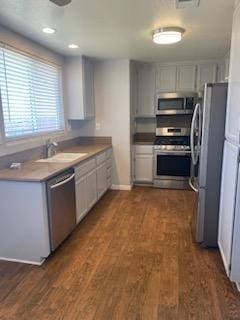 kitchen with sink, white cabinetry, stainless steel appliances, and dark wood-type flooring